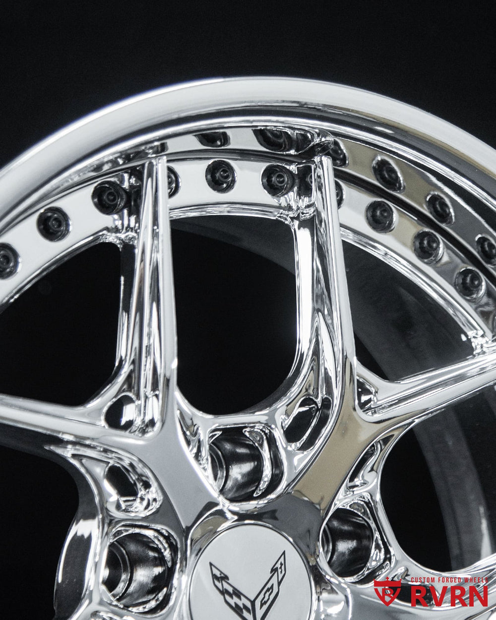 C8 Z51 wheels with forged chrome Y spoke design showing aggressive side profile and staggered fitment setup