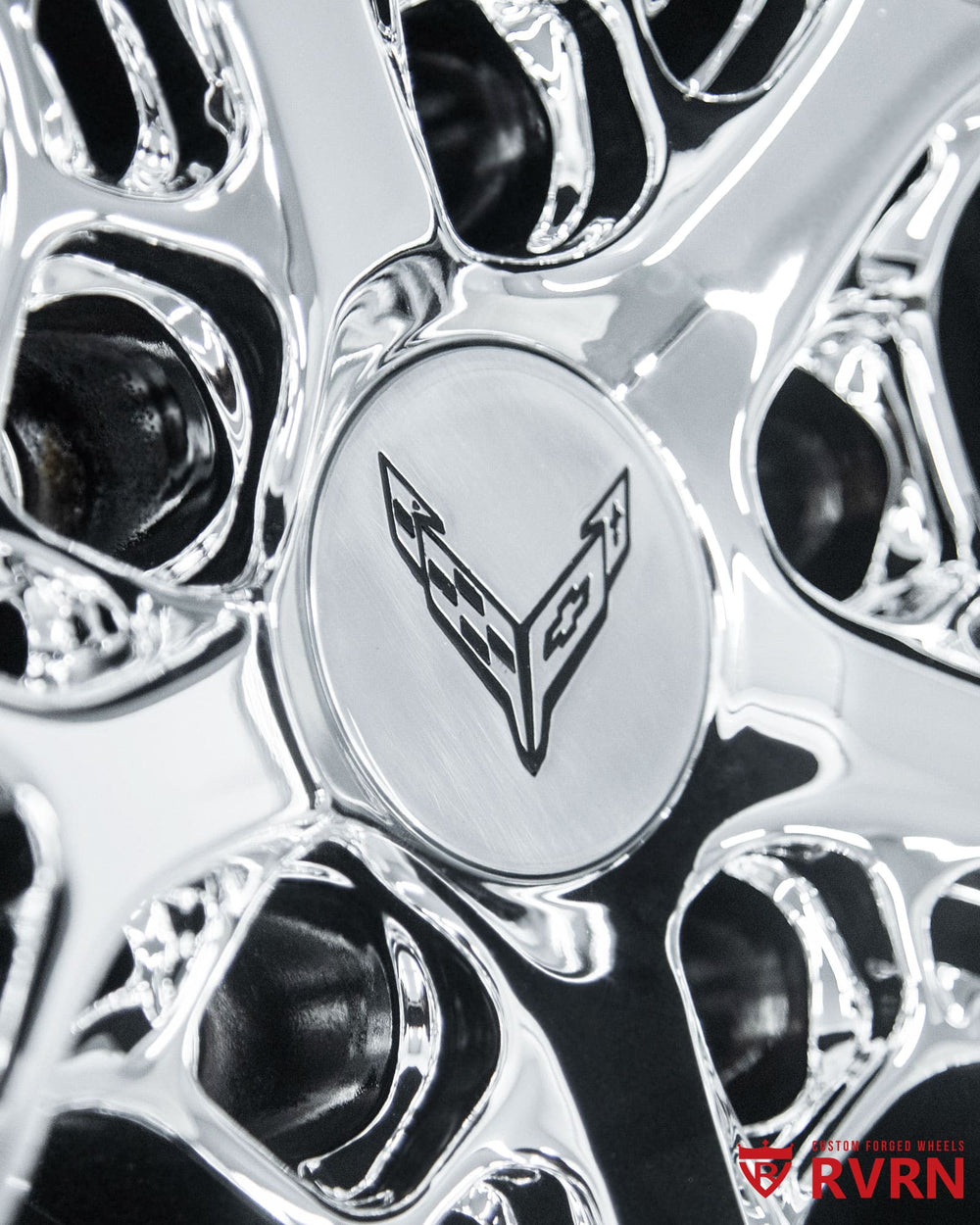 Corvette C8 forged wheels 19x8.5 front and 20x11 rear with custom chrome finish and detailed lip profile