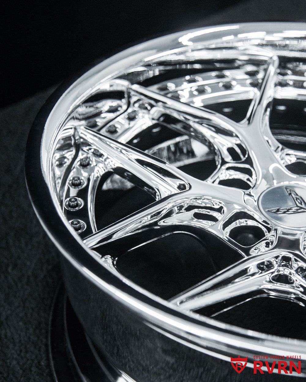 Corvette C8 custom wheels RV-DV03 polished all chrome forged wheel close-up with premium machining details