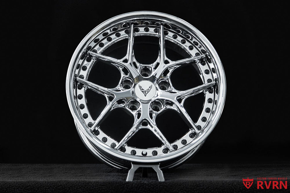 C8 Y spoke wheels by RVRN Wheels featuring full chrome finish and precision forged construction close-up