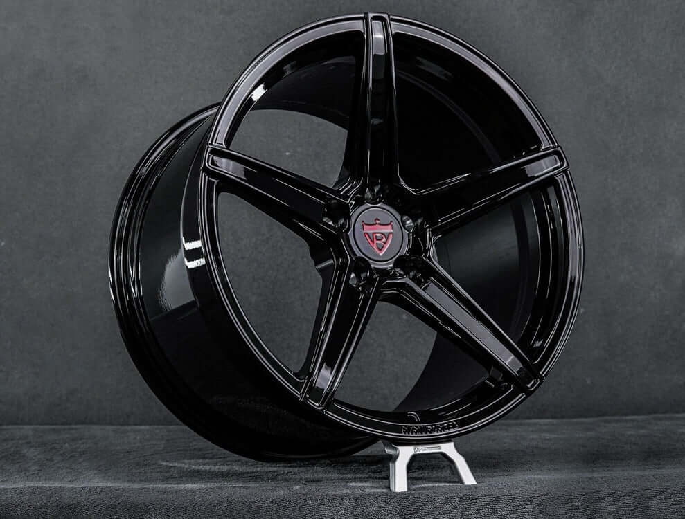 5 spoke forged black wheels on Corvette C8 Z51, front angle view