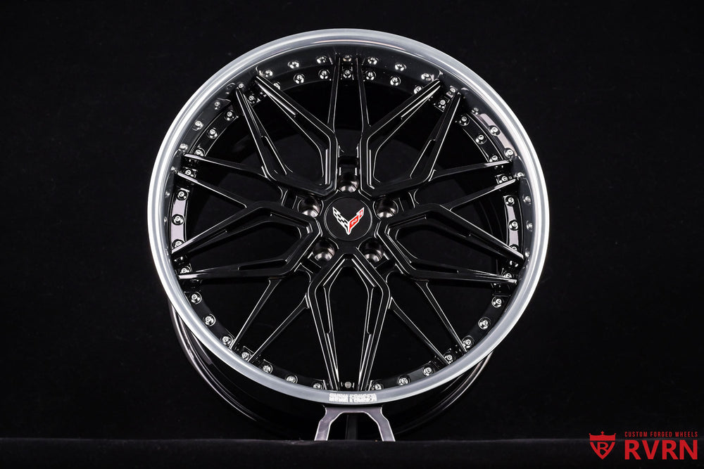custom C8 wheels gloss black spoke barrel polished aluminum inner lip chrome screws 20x9 21x12 detail