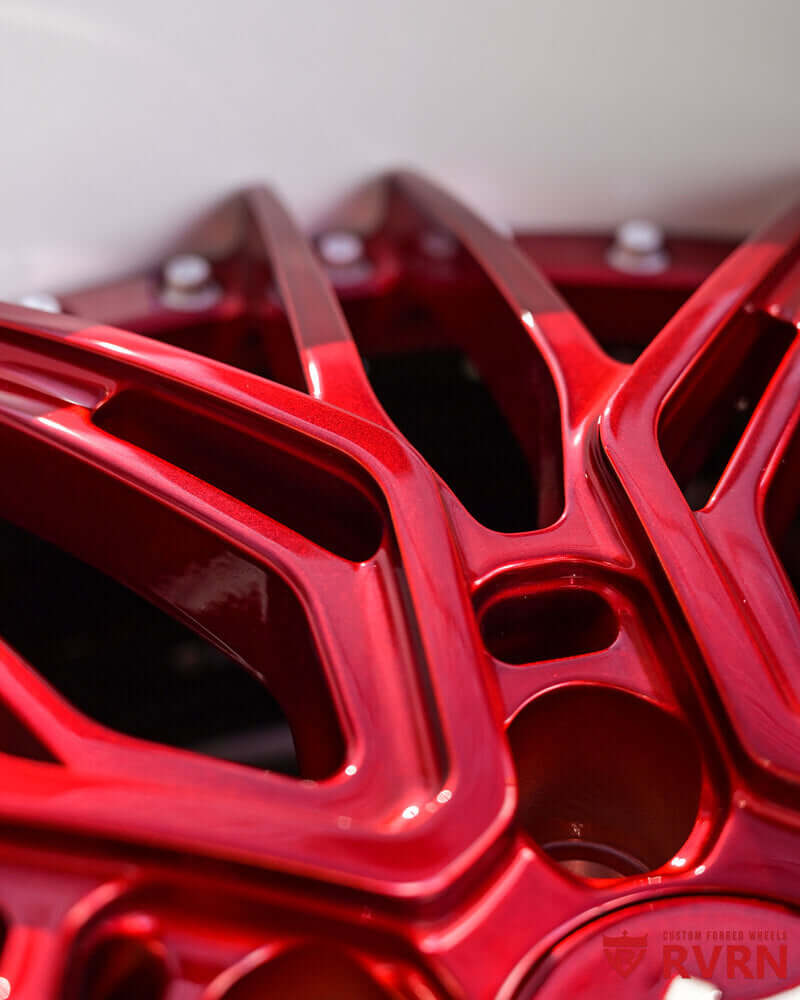 Gloss Black barrel close-up of RV-T081 forged wheels for custom Challenger