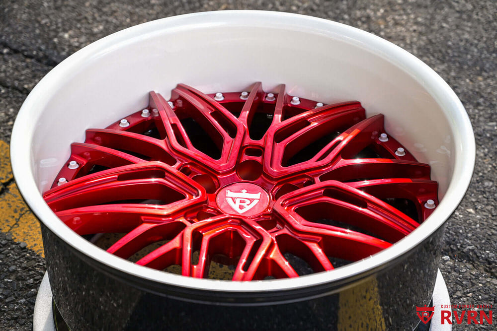 Close-up of Dragon Blood Red spokes on RV-T081 forged wheels for 2022 Dodge Challenger