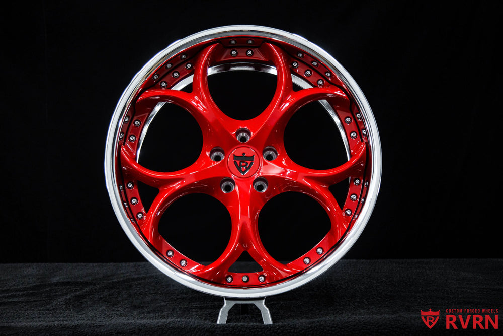 2022 Genesis G70 custom forged wheels featuring RV-DS016 design with chrome barrel and gloss red spoke finish, built for a unique performance stance.