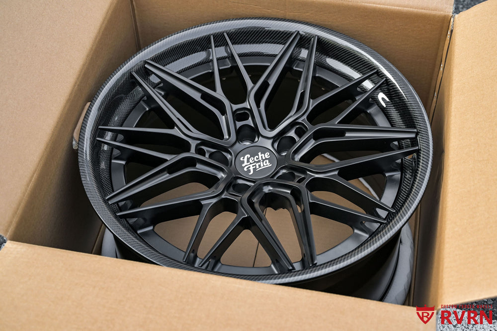 Custom Tesla wheels with carbon fiber wrapped lip for 2022 Tesla Model S featuring deep concave forged design