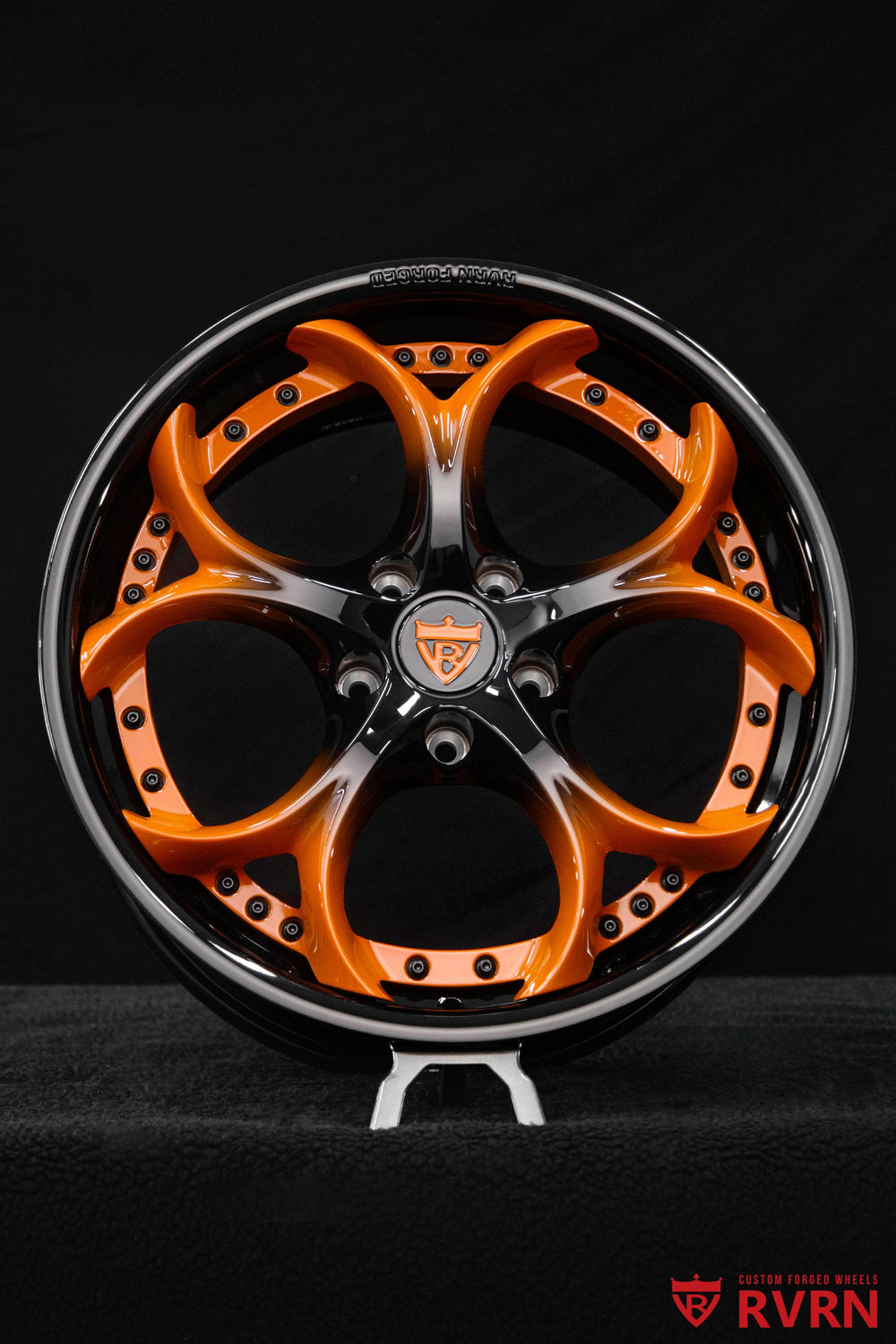 Front three-quarter view of 2022 Corvette C8 Stingray on RV-DS016 2-piece forged wheels with gloss black barrel and orange and black spokes, 19x8.5 +38MM