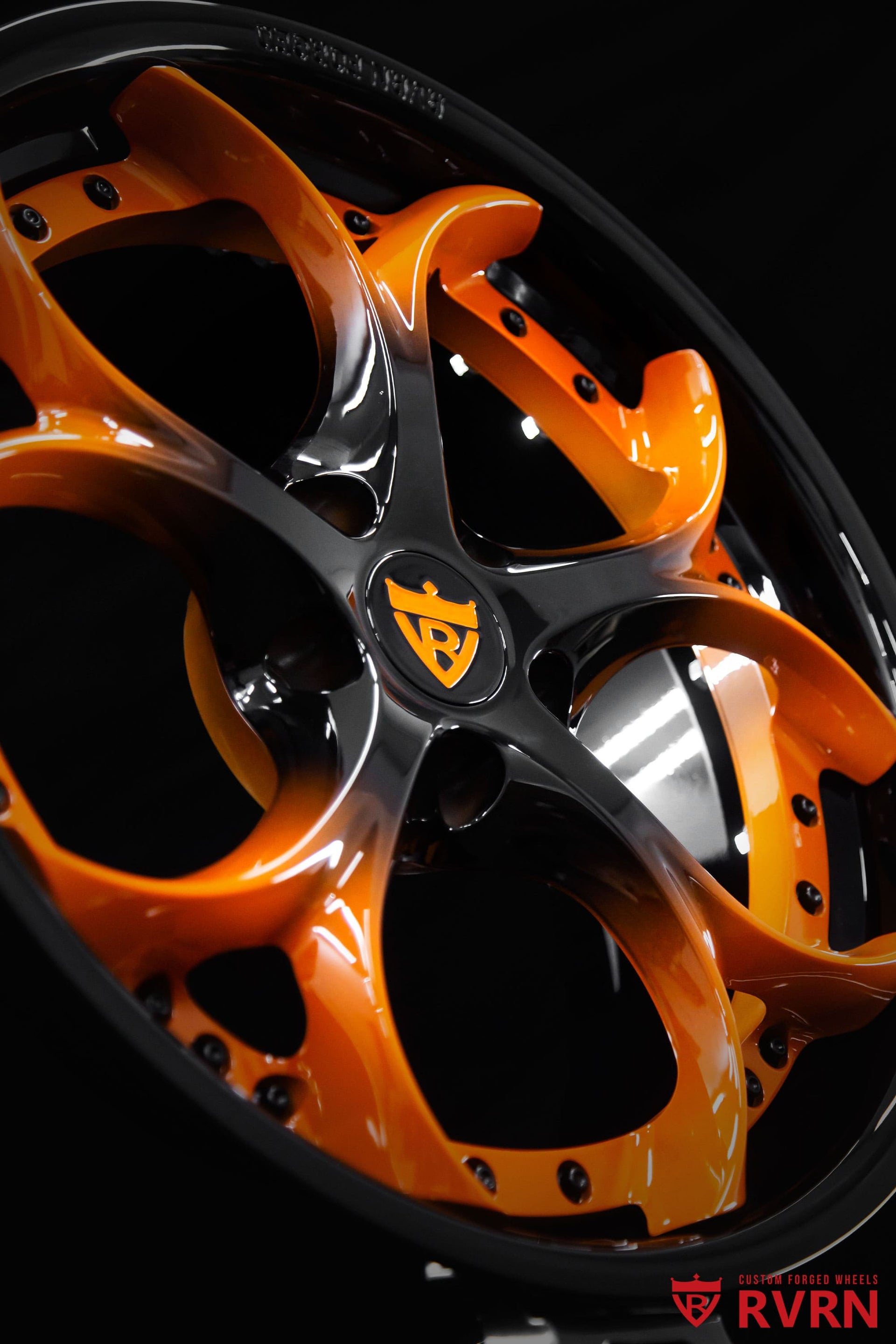 Rear view of RVRN RV-DS016 Corvette C8 forged wheels in gloss black and orange, custom 20x11 +48MM rear fitment for a 2022 C8 Stingray