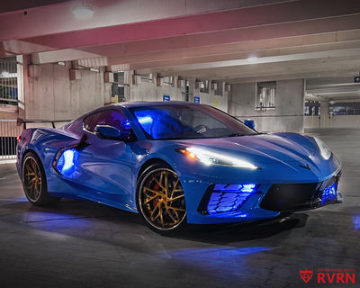 2022 Corvette C8 Stingray on RVRN RV-DS74 custom forged 2-piece deep dish concave directional wheels with brushed dark gold spokes, black chrome barrel, and gloss black screws.