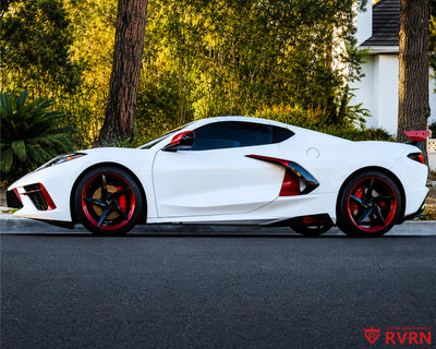2022 Corvette C8 Stingray on RVRN RV-MC35 super concave directional forged wheels, side profile detail showing the aggressive staggered stance and red brake calipers.