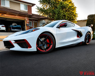 2022 Corvette C8 Stingray on RVRN RV-MC35 custom forged wheels, front three-quarter view with 5-spoke super concave design and Black Cherry Red barrel.