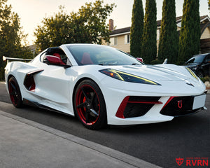 2022 Corvette C8 Stingray on RVRN RV-MC35 forged wheels, rear three-quarter view showing the wide 20x11 rear fitment and high-wing spoiler.