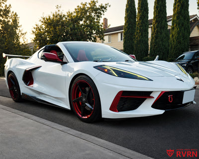2022 Corvette C8 Stingray on RVRN RV-MC35 forged wheels, rear three-quarter view showing the wide 20x11 rear fitment and high-wing spoiler.