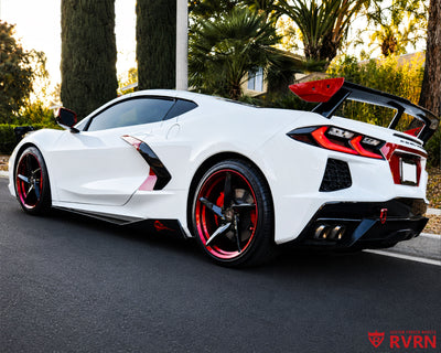 2022 Corvette C8 Stingray on RVRN RV-MC35 custom forged wheels, close-up detail of the 5-spoke Black Cherry Red and Gloss Black finish.