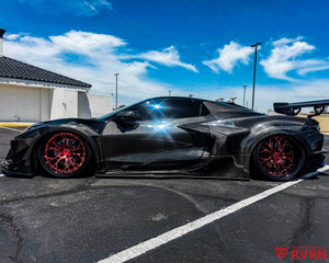 2022 Corvette C8 Stingray Z51 widebody on RVRN RV-DR16 2-piece deep dish custom forged wheels in Rose Gold, front three-quarter view at the car meet.