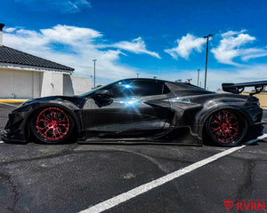 2022 Corvette C8 Stingray Z51 on RVRN RV-DR16 forged deep dish wheels in Rose Gold, side profile showing the slammed widebody stance.