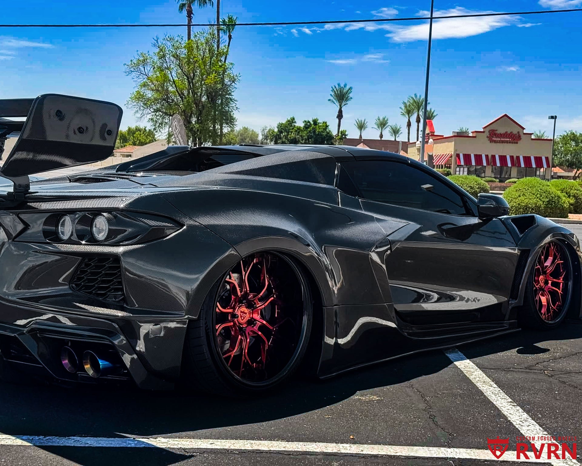 2022 Corvette C8 Stingray Z51 on RVRN RV-DR16 custom forged wheels, rear view showing the carbon fiber wing and 21x12 rear fitment.