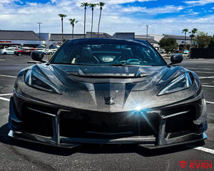 2022 Corvette C8 Stingray Z51 on RVRN RV-DR16 2-piece deep dish wheels, front close-up showing the Rose Gold spokes with Gloss Black barrel.
