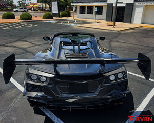 2022 Corvette C8 Stingray Z51 on RVRN RV-DR16 forged deep dish wheels, overhead rear view showing the carbon fiber wing and 21x12 rear widebody fitment.