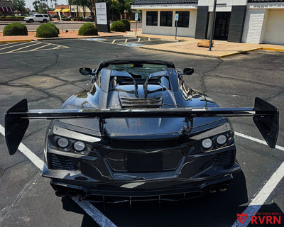 2022 Corvette C8 Stingray Z51 on RVRN RV-DR16 forged deep dish wheels, overhead rear view showing the carbon fiber wing and 21x12 rear widebody fitment.