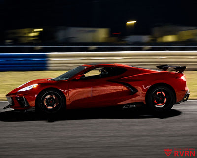 Track photo of 2022 Corvette C8 Z51 running RVRN RV-MB559 gloss black custom forged concave wheels.