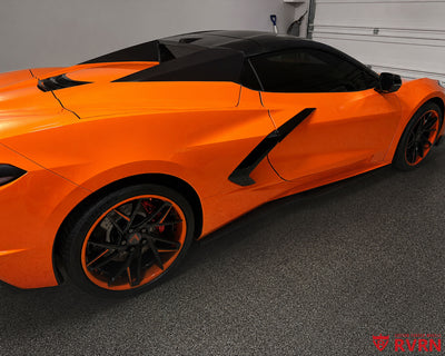 2022 Corvette C8 Z51 on RVRN RV-DS74 deep concave forged wheels with gloss black spokes and an Amplify Orange color-matched lip.