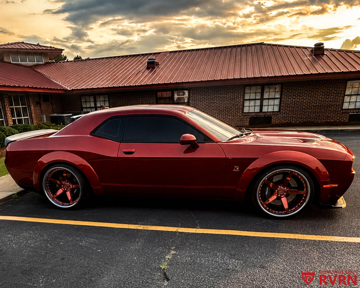 2022 Dodge Challenger Scat Pack Widebody on RVRN RV-DF14 2-piece custom forged wheels in Polished Rose Gold Spoke with Chrome Barrel, side profile at sunset showing the flush widebody fitment.