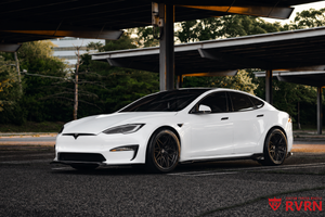Side view of a 2022 Tesla Model S fitted with RVRN RV-C081 matte black custom forged monoblock wheels and carbon fiber wrapping lip.