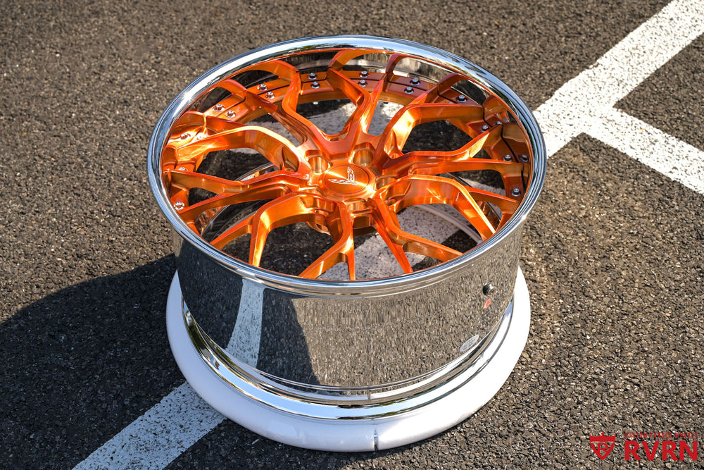 20x9 and 21x12 staggered forged wheel setup for Corvette C8 with chrome barrel and copper spoke finish.