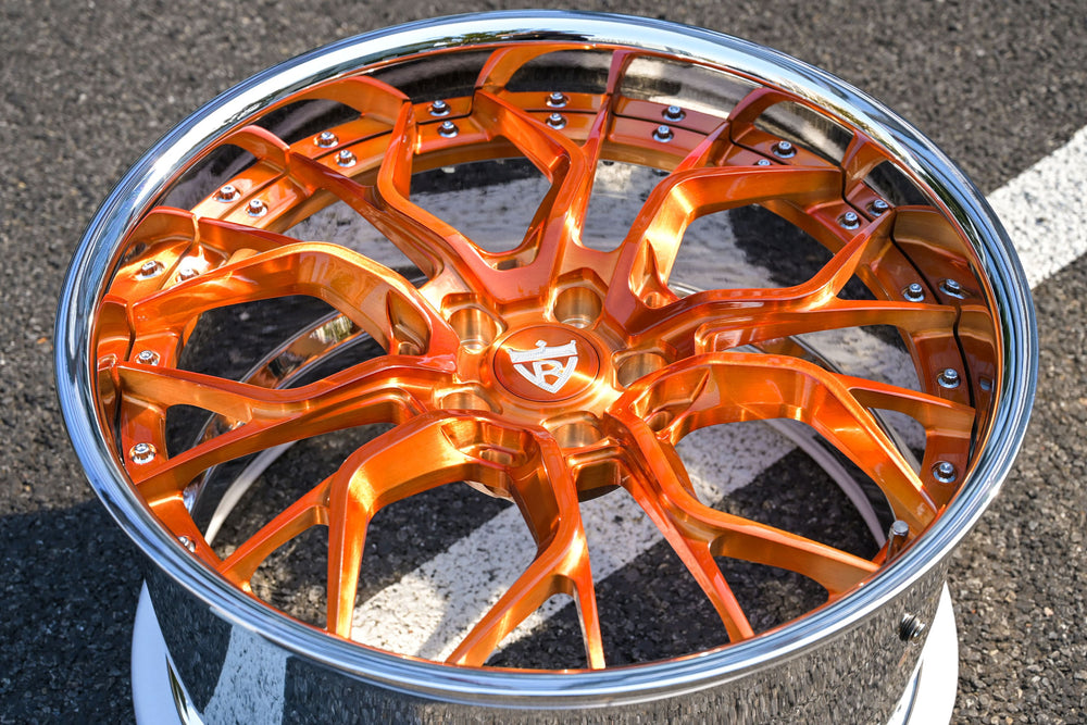 RV-DR16 transparent copper and chrome 2-piece forged wheels on 2023 Corvette C8 Z51 front angle, 20x9 fitment.