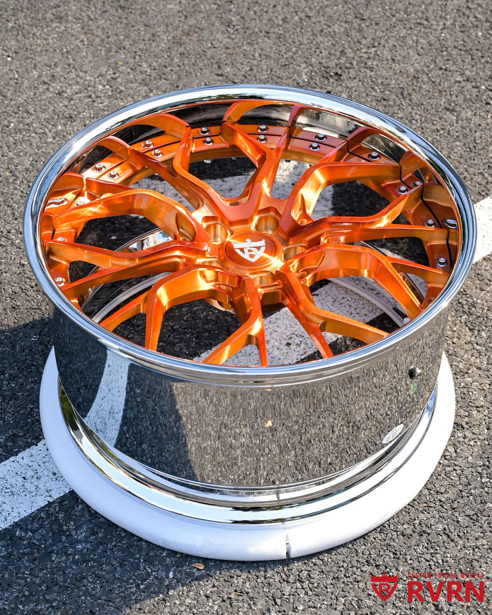 Close-up of transparent copper spokes and chrome step lip on RV-DR16 20x9/21x12 wheels for Corvette C8 Z51.