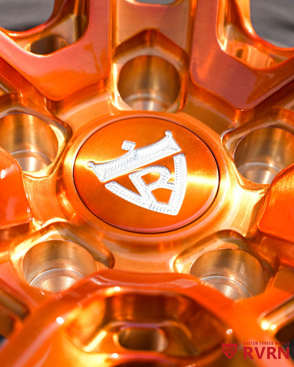 Chrome deep lip barrel with copper spokes on RV-DR16 Corvette C8 custom wheel setup.