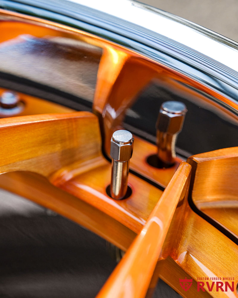 Macro shot of chrome barrel and assembly hardware on RV-DR16 forged C8 wheel.