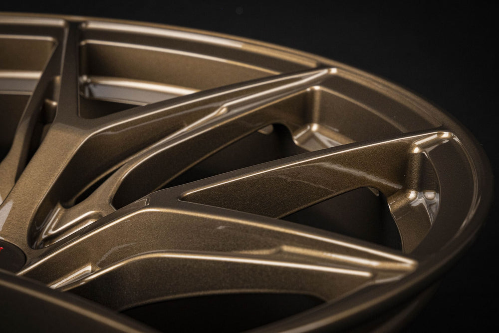 Forged shiny bronze wheels front and rear profile on 2SS Camaro