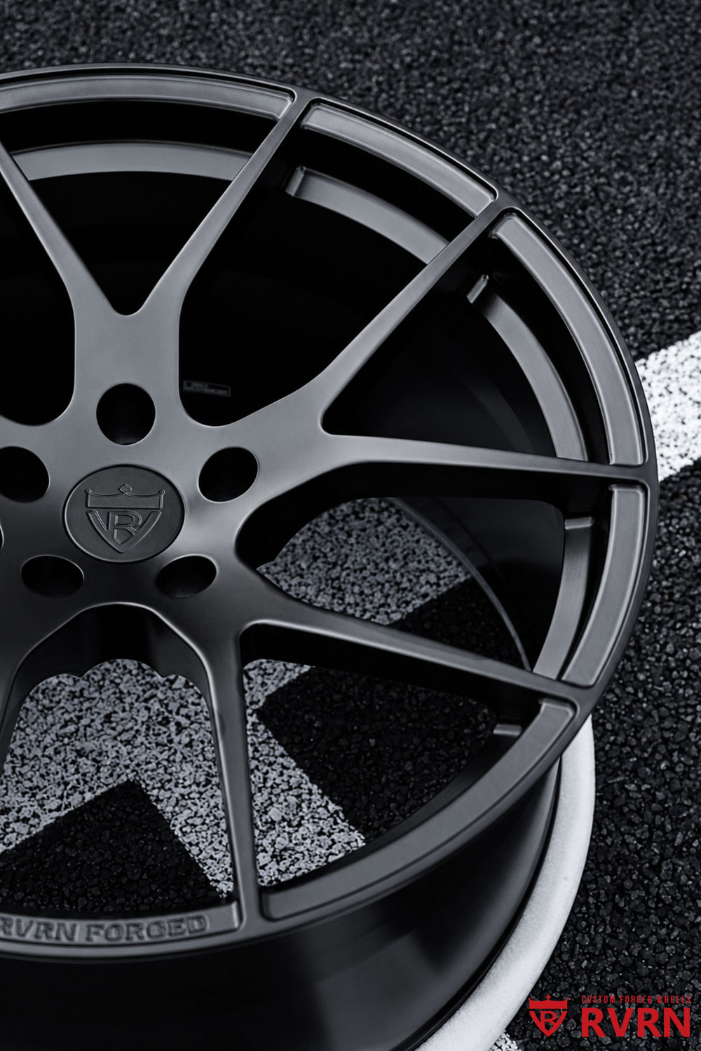 Three-quarter view of Corvette C8 on RVRN RV-MC24 Y spoke concave forged wheels, matte black finish with 20x9 front and 21x12 rear