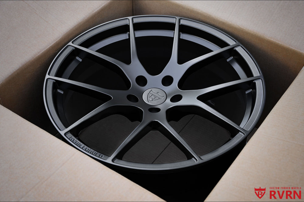 Front RVRN RV-MC24 Corvette C8 forged wheel in matte black, 20x9 size with custom fitment for Stingray models
