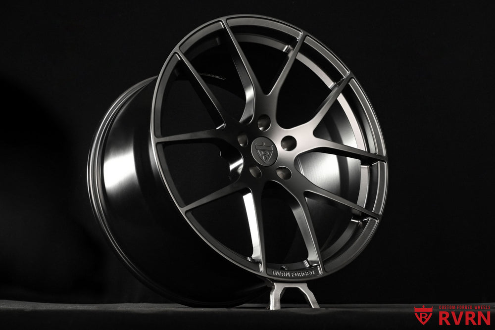 Rear RVRN RV-MC24 forged wheel for Corvette C8 with aggressive 21x12 concave fitment and matte black finish