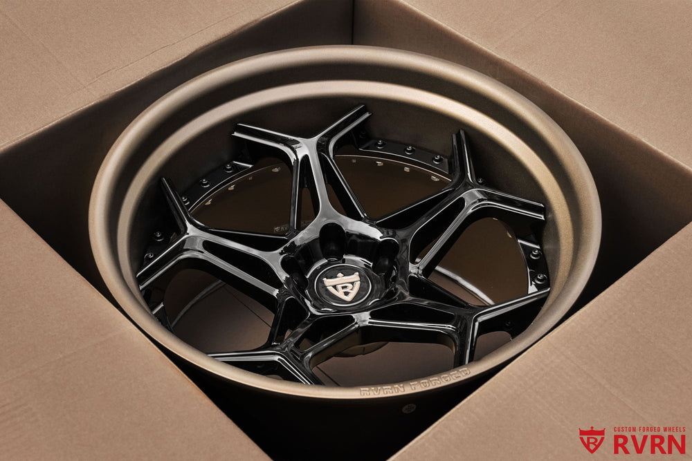 Close-up of matte bronze barrel finish on RVRN RV-DR01 Corvette C8 forged wheels with custom 2-piece construction and deep concave profile.