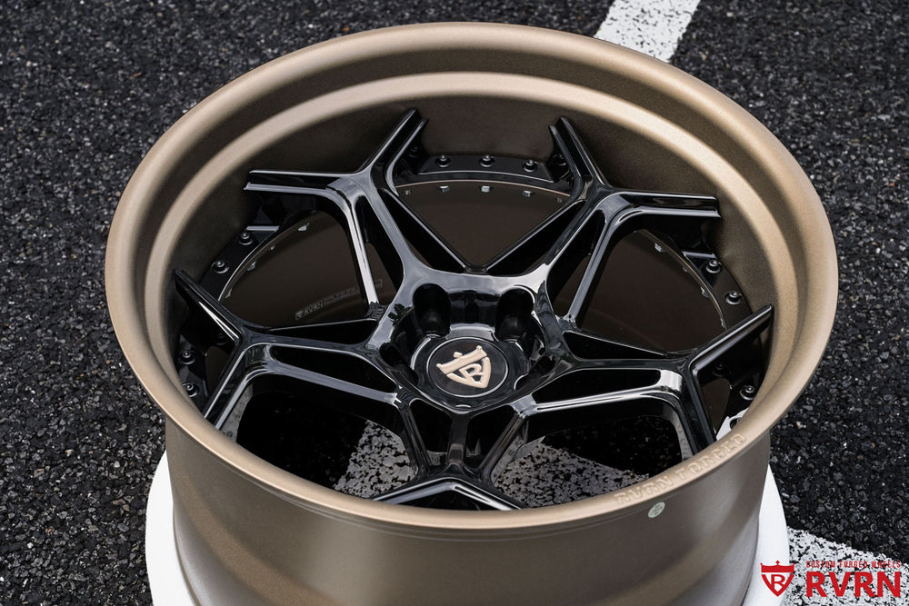 Detail view of RV-DR01 Corvette C8 Z51 wheels showing gloss black Y-spoke forged construction and precision-machined 2-piece wheel details designed for custom performance fitment.
