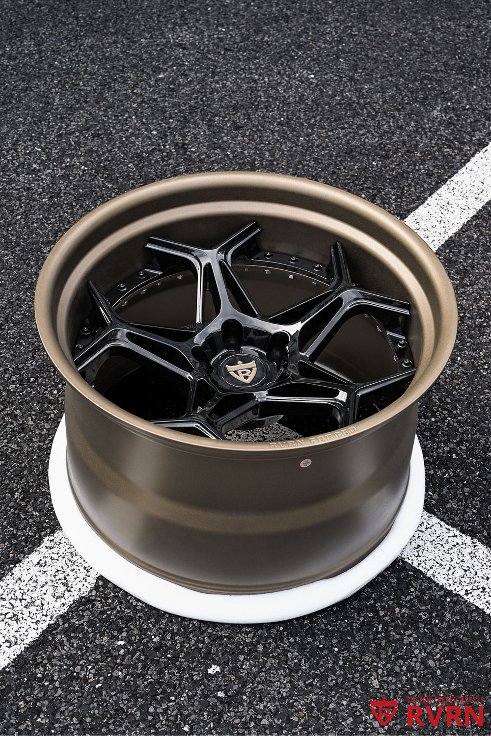 Side view of 2023 Corvette C8 Stingray Z51 featuring custom Corvette C8 forged wheels RV-DR01 with aggressive deep dish stance, Y-spoke design, gloss black finish, matte bronze barrel, 20x11 and 21x13 fitment.