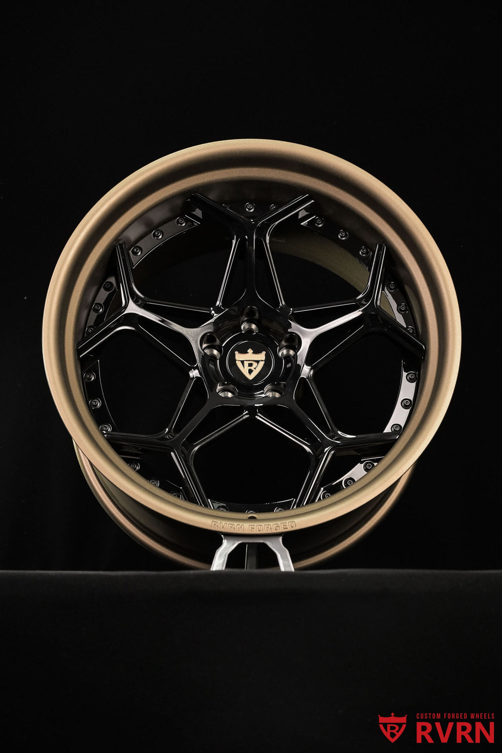 2023 Chevrolet Corvette C8 Z51 custom build featuring black and bronze rims from RVRN RV-DR01 2-piece forged wheel series with aggressive Y-spoke styling.