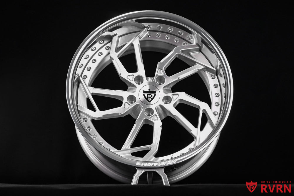 Front view of RVRN RV-DC11 chrome forged wheels for the 2023 Corvette C8 Stingray Z51, custom 19x8.5 fitment with deep dish design