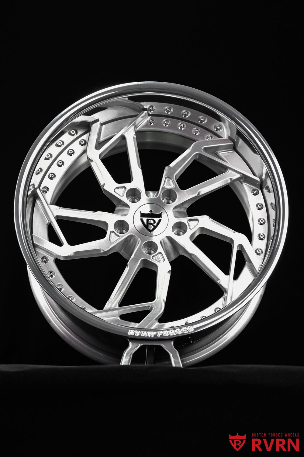 Rear three-quarter view of 2023 Corvette C8 Stingray Z51 with RVRN RV-DC11 chrome deep dish forged wheels, 20x11 rear fitment