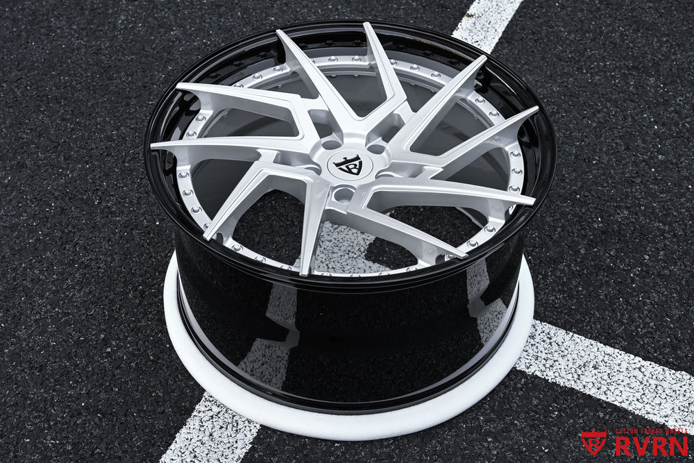2023 Corvette C8 Stingray Z51 70th Anniversary RV-DF041 2-Piece Forged Directional wheels with Silver Flare Metallic spoke, Silver Flare Metallic flange, Gloss Black outer barrel, visible two-piece hardware and detailed studio or vehicle-ready view image 2