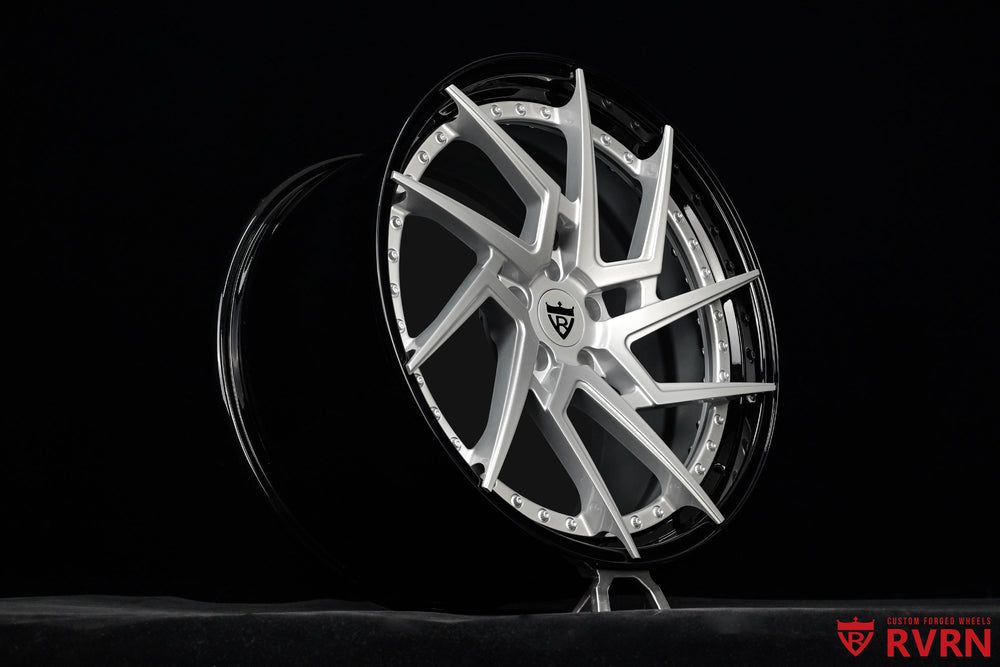 2023 Corvette C8 Stingray Z51 70th Anniversary RV-DF041 2-Piece Forged Directional wheels with Silver Flare Metallic spoke, Silver Flare Metallic flange, Gloss Black outer barrel, visible two-piece hardware and detailed studio or vehicle-ready view image 3