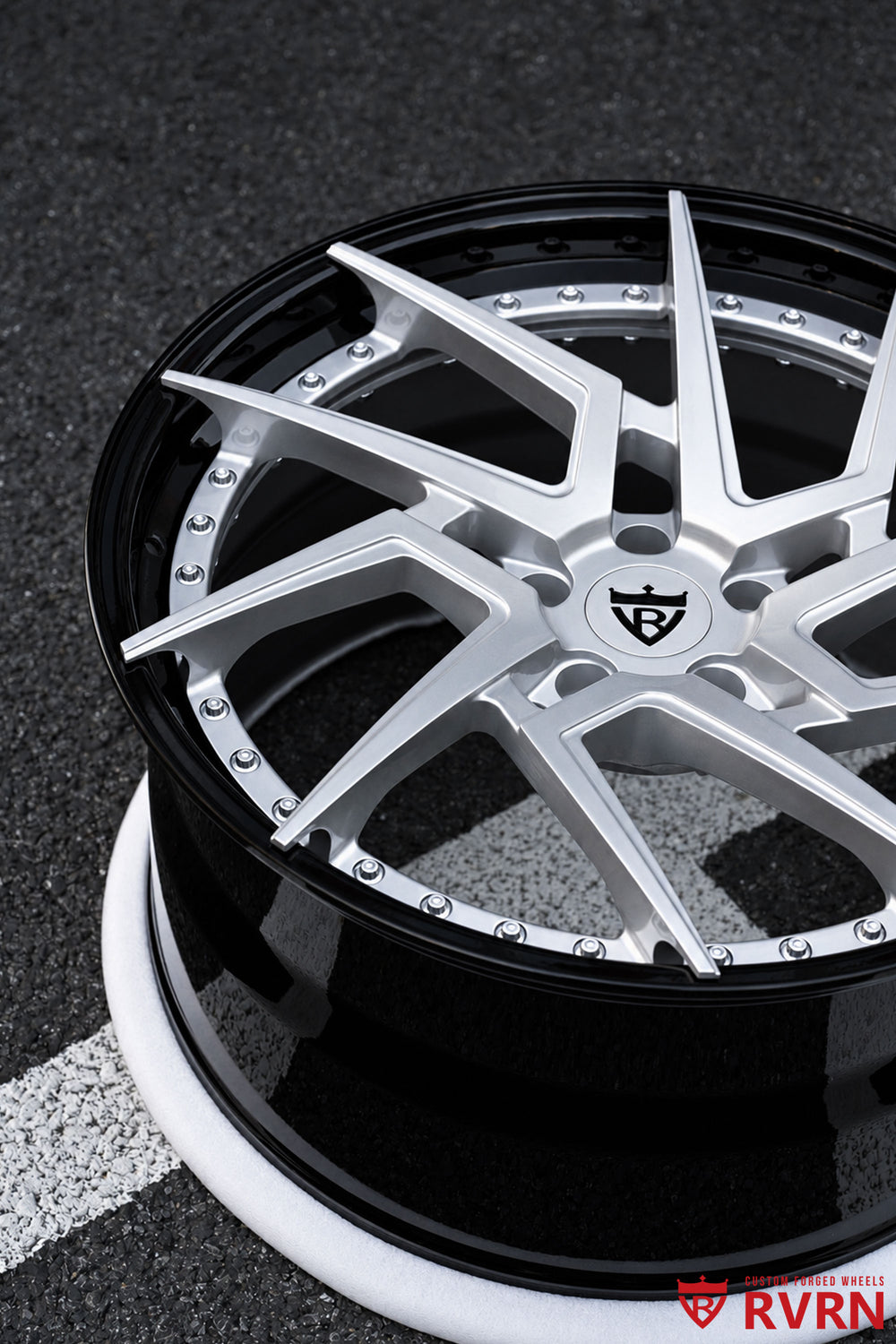 2023 Corvette C8 Stingray Z51 70th Anniversary RV-DF041 2-Piece Forged Directional wheels with Silver Flare Metallic spoke, Silver Flare Metallic flange, Gloss Black outer barrel, visible two-piece hardware and detailed studio or vehicle-ready view image 8