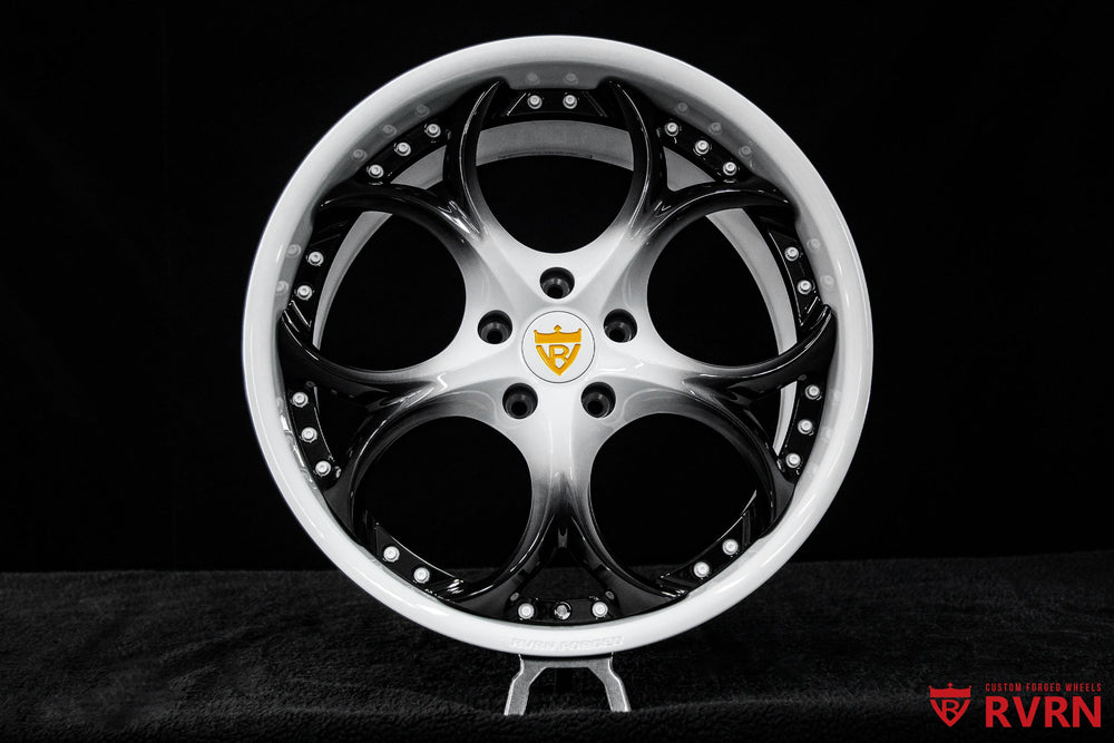 Close-up of the RVRN RV-DS016 front wheel on a 2023 Corvette C8 Stingray Z51, 19x8.5 +35MM deep dish forged wheel with Ivory White finish.
