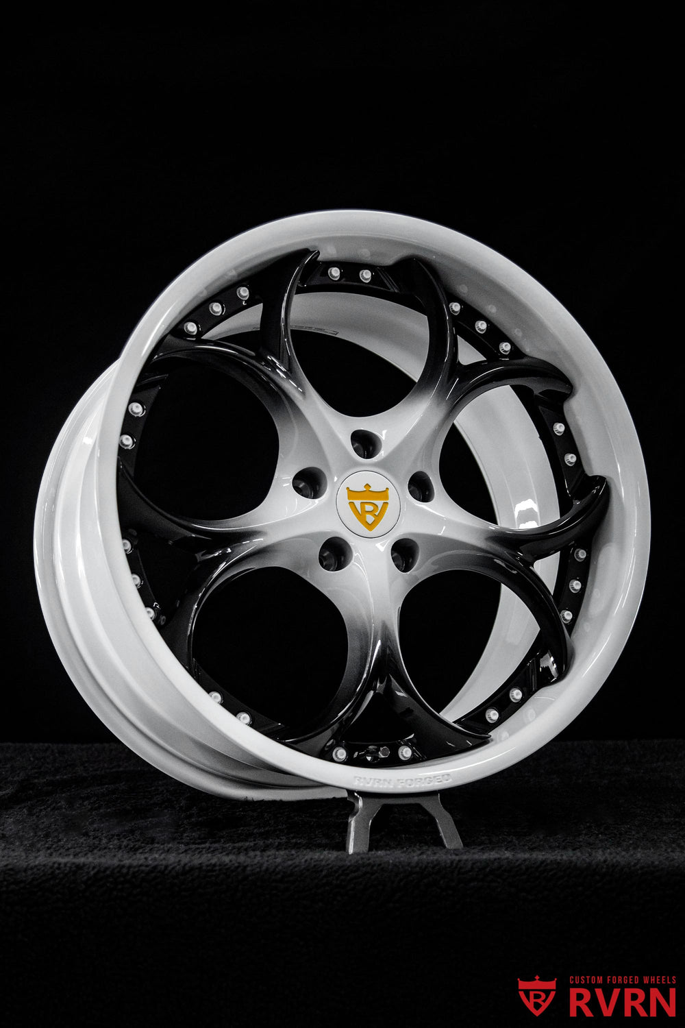 Side view of 2023 Corvette C8 Stingray Z51 on deep dish forged wheels, RVRN RV-DS016 in Ivory White and Gloss Black, 19x8.5 front and 20x11 rear.