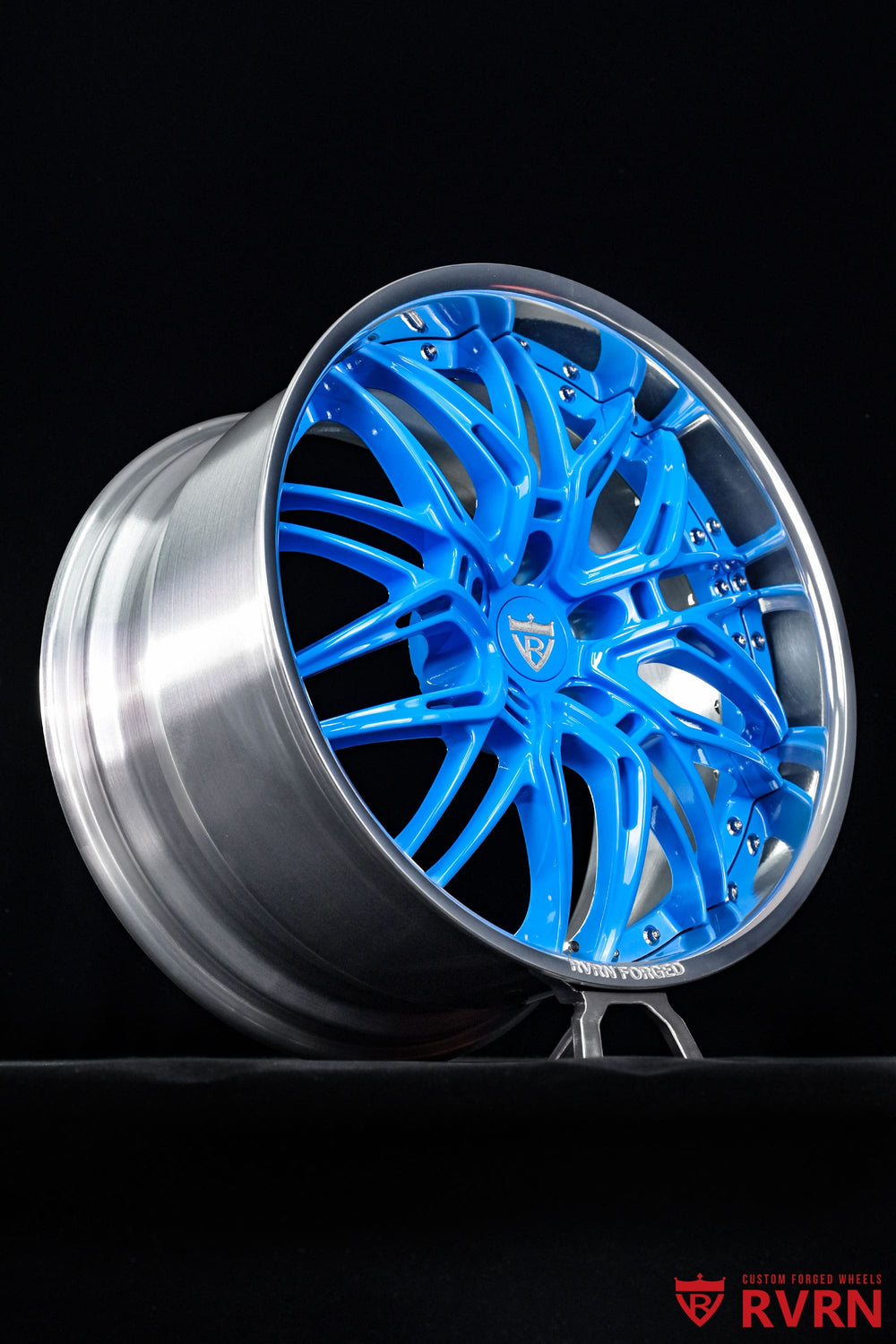 Close-up of the polished aluminum barrel on RVRN RV-T081 Corvette C8 wheels, custom built for a 2023 C8 Stingray in 19x8.5 and 20x11