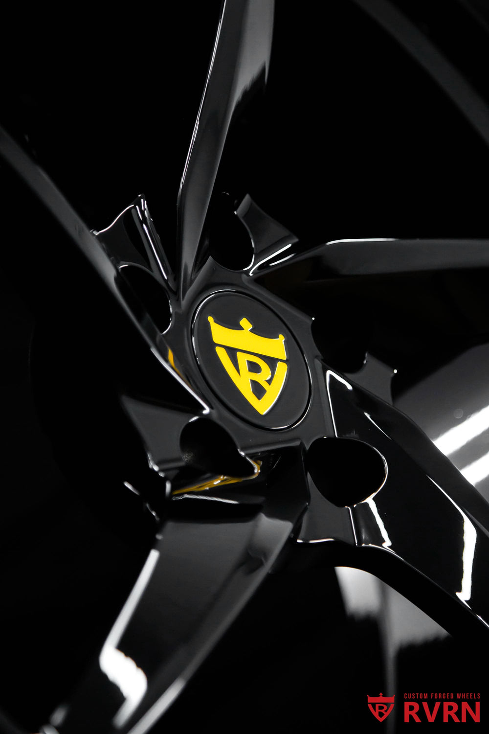 Detailed view of Corvette C8 Z06 gloss black rims featuring RVRN RV-MC35 sculpted 5-spoke forged construction